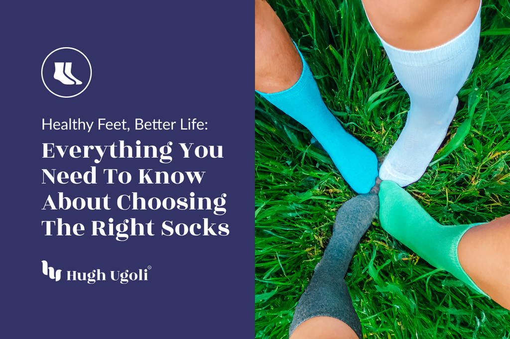 Four individuals wearing colorful socks in shades of blue, white, green, and gray, meeting at a central point on lush green grass, symbolizing diversity and comfort in sock choices.