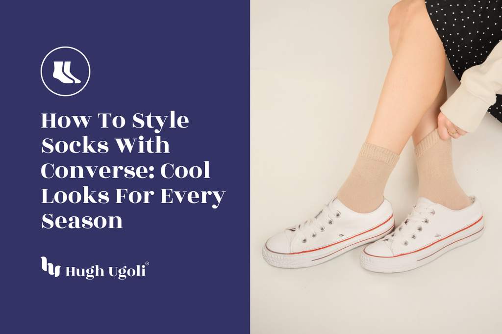 Model pairing beige crew socks with white Converse sneakers and a black polka dot skirt, showcasing a stylish everyday look for all seasons.