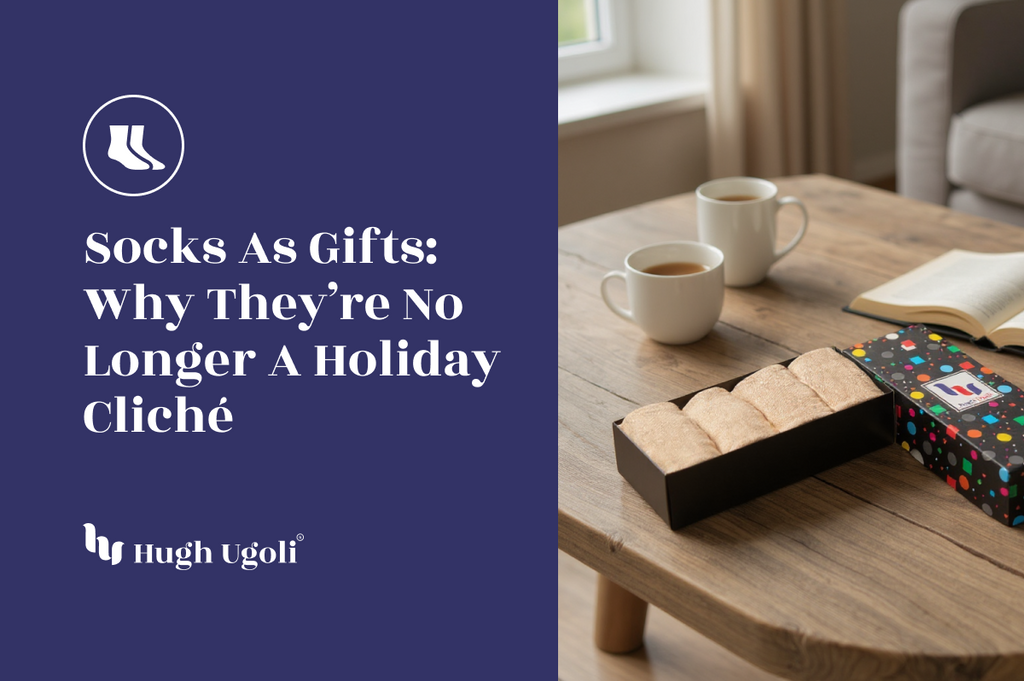 Table with coffee and a box of socks, text overlay about socks as gifts.