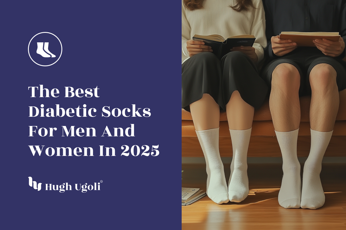 Man and woman wearing white diabetic socks, sitting on a wooden bench, enjoying a relaxed reading moment.