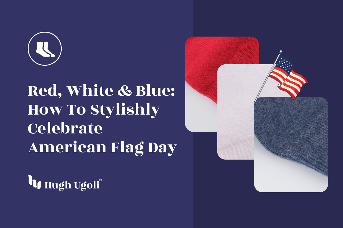Close-up of red, white, and blue socks with an American flag illustration, showcasing patriotic style ideas for celebrating American Flag Day.