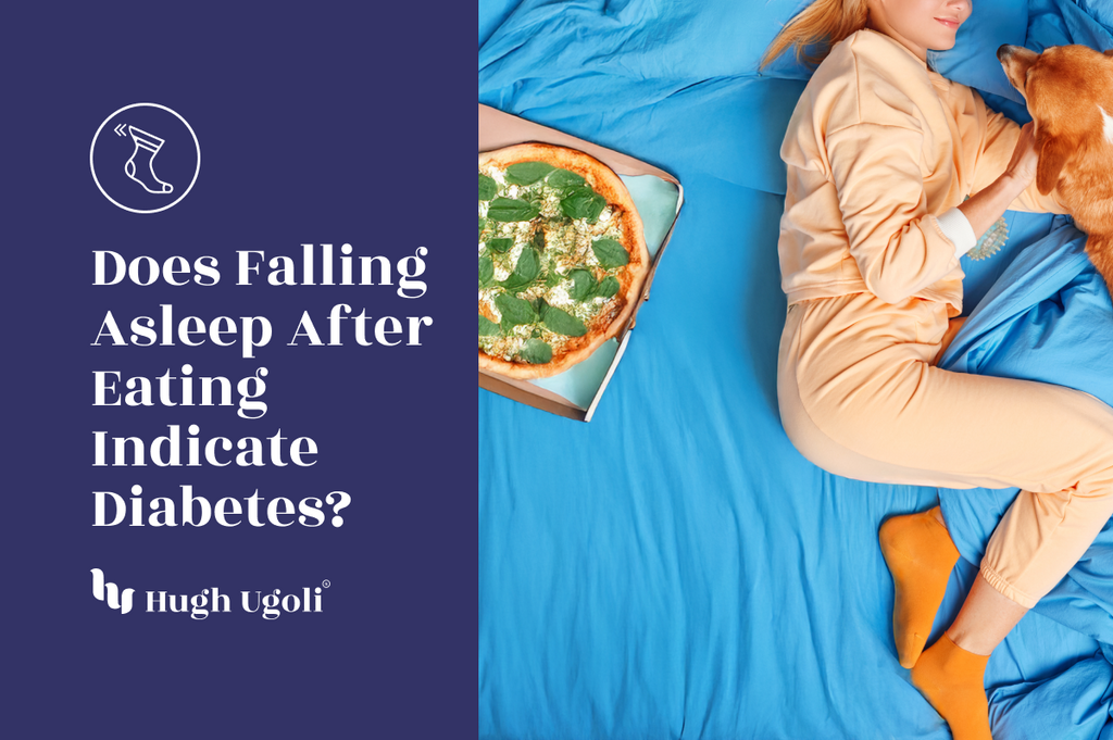 A person lying on a blue bed next to a pizza and a dog, wearing orange socks and matching loungewear.
