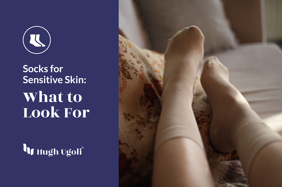A person wearing beige socks reclines on a couch, beside text about socks for sensitive skin.