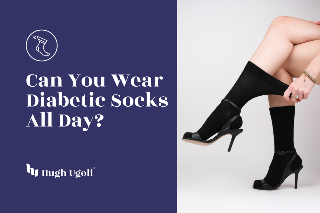 Health and fashion query "Can You Wear Diabetic Socks All Day?" featuring a seated person wearing black diabetic socks with high heels, by Hugh Ugoli.