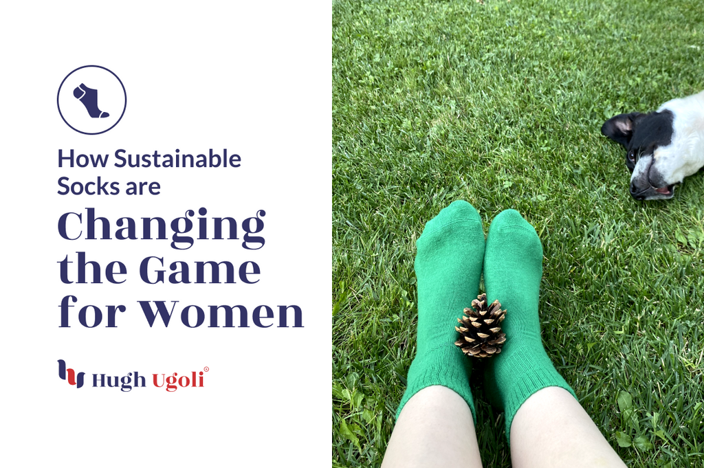 Vibrant green socks on a grassy background, a pine cone accentuates the theme of sustainability.