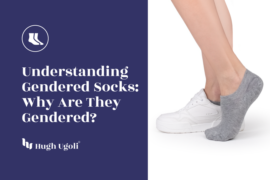 Close-up of a person wearing gray no-show socks and white sneakers, emphasizing the gender-specific design of the socks.