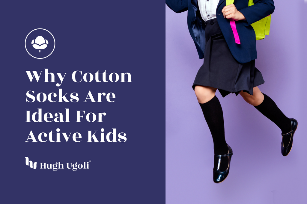 A child in a school uniform, wearing black knee-high socks and black shoes, jumping energetically against a purple background with a yellow backpack.