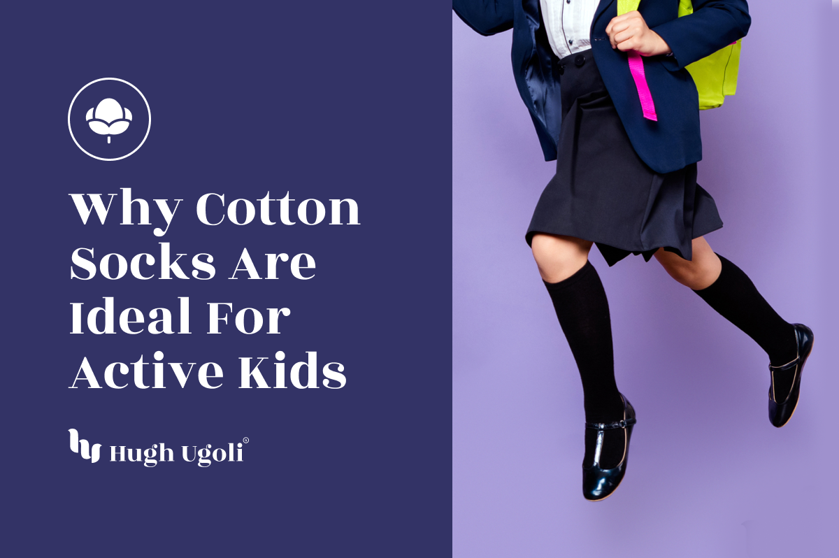 A child in a school uniform, wearing black knee-high socks and black shoes, jumping energetically against a purple background with a yellow backpack.