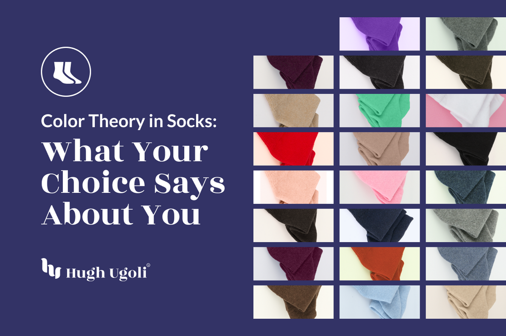 The image presents a colorful collection of socks organized in a grid, illustrating a range of shades and the concept of color theory in personal style.