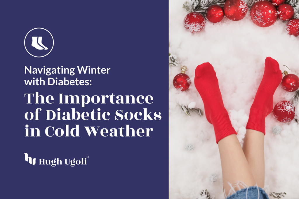 Feet in red socks surrounded by snow and festive decorations, with diabetic socks info.