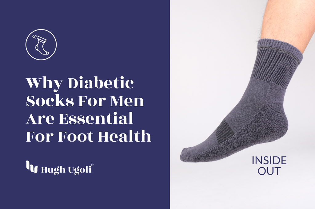 Man wearing an inside-out grey diabetic sock, showcasing its special texture and features. Under the title 'Why Diabetic Socks For Men Are Essential For Foot Health' by Hugh Ugoli.