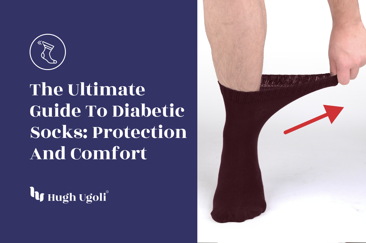 Image featuring a person demonstrating the stretchability of a maroon diabetic sock, highlighting its non-binding top for improved circulation and comfort.