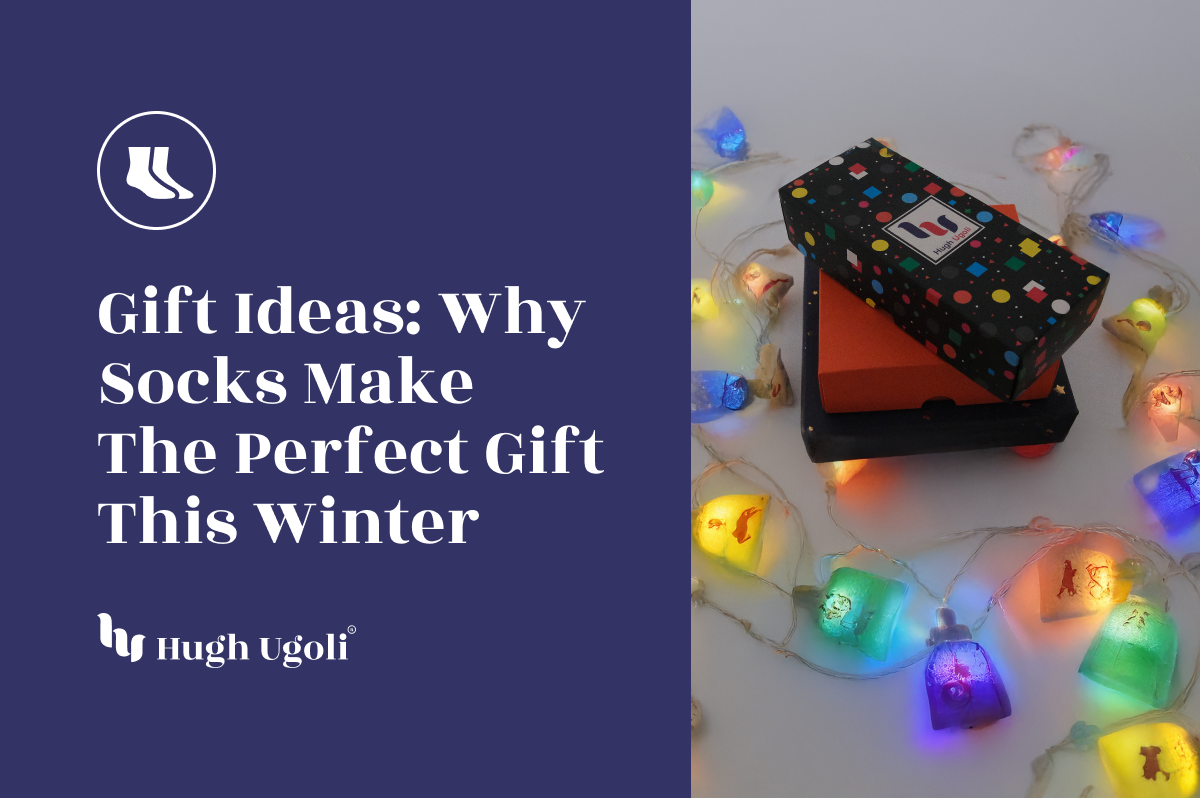 Festive holiday-themed sock gift boxes with a colorful string of lights surrounding them, creating a warm and cheerful atmosphere perfect for gift-giving during the winter season.