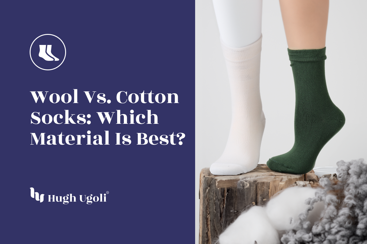 Comparison of socks: one leg wearing white cotton sock and the other leg wearing green wool sock, with raw cotton and wool displayed at the base.