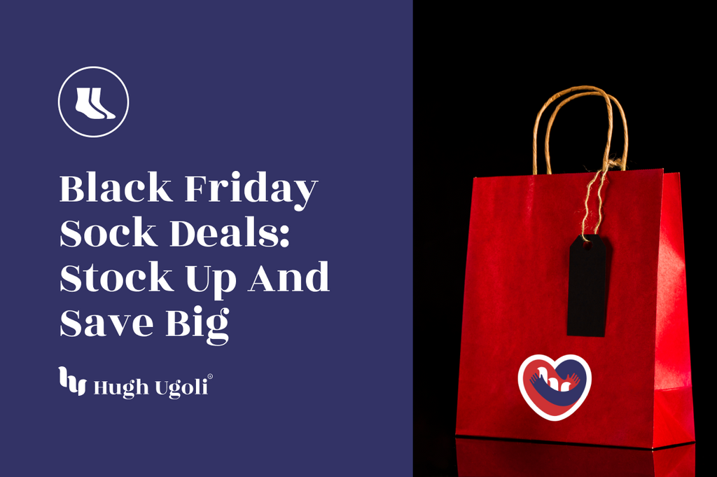 A red shopping bag with a heart logo and Black Friday-themed text promoting sock deals.