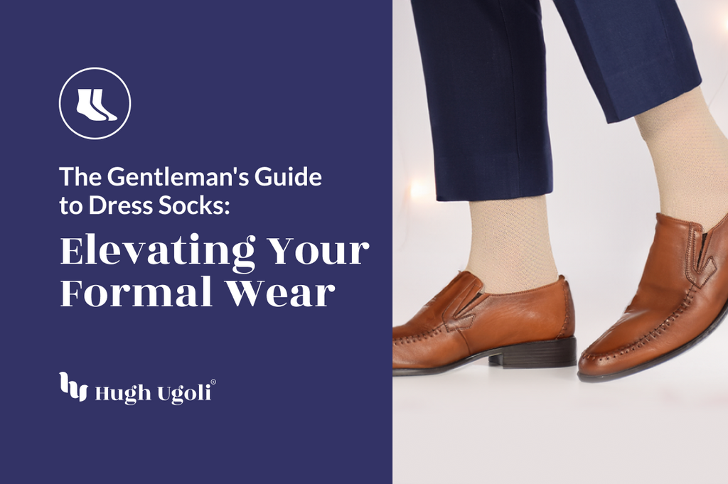 Elegant light beige Hugh Ugoli dress socks paired with brown leather loafers, showcased beneath navy trousers, epitomizing refined formal wear.