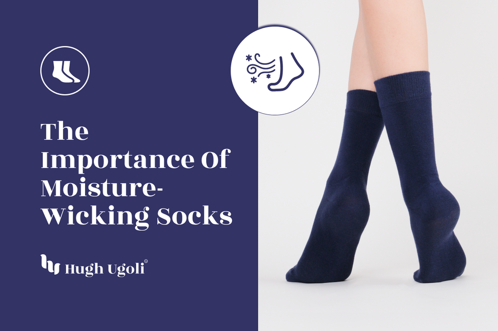 Close-up of legs wearing navy Hugh Ugoli moisture-wicking socks, emphasizing the importance of keeping feet dry and comfortable.