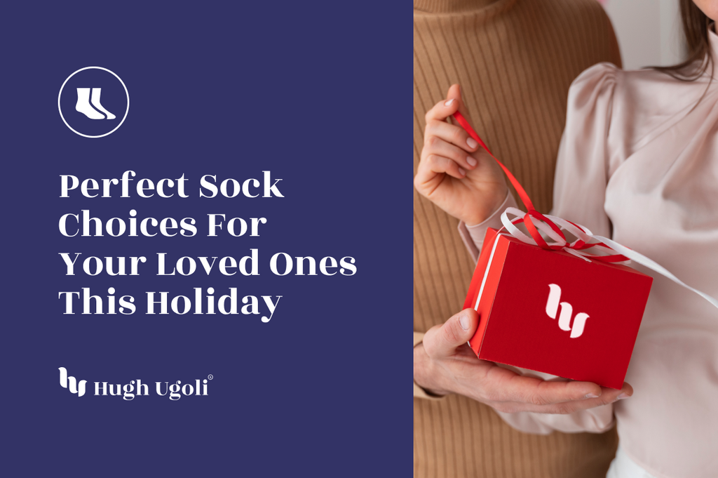 Two individuals holding a festive red gift box with a Hugh Ugoli logo, emphasizing holiday spirit and gift-giving.