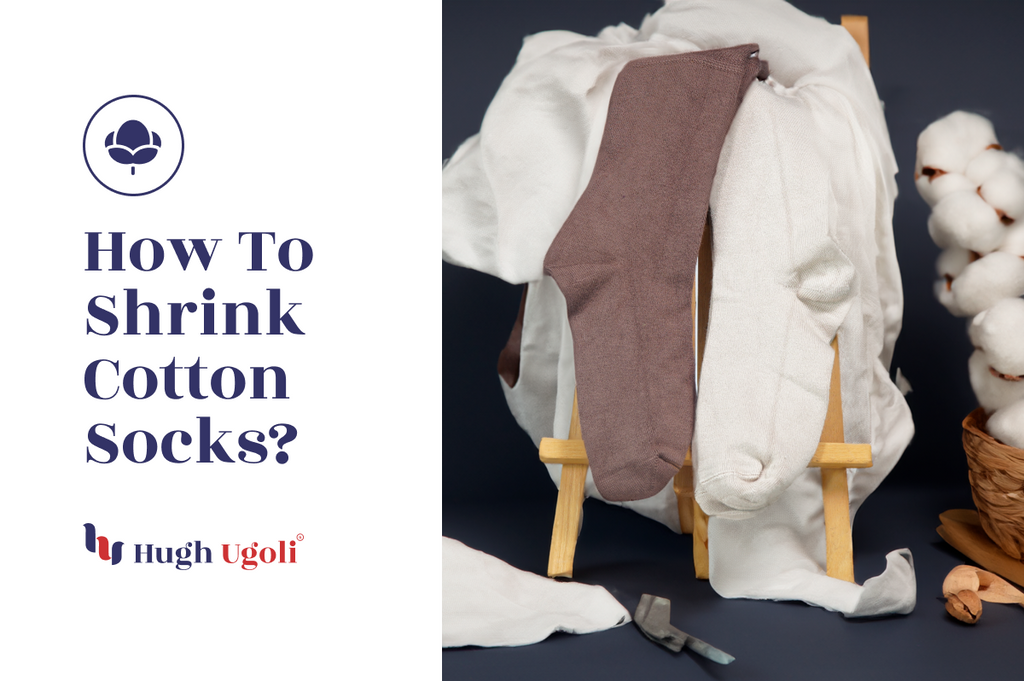 Laundry guide titled "How To Shrink Cotton Socks?" with a visual of oversized white socks on a small wooden chair, brought to you by Hugh Ugoli.