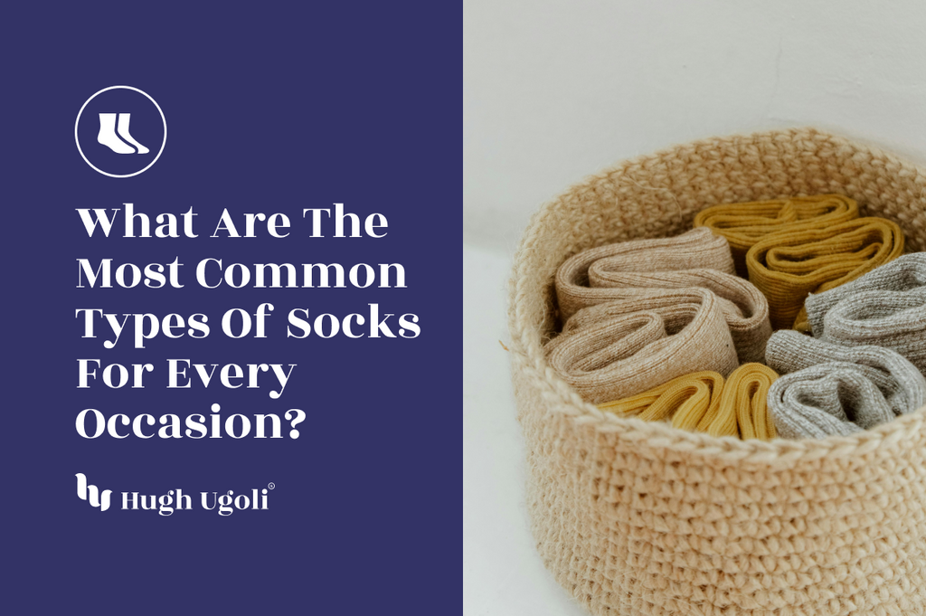 A woven basket filled with neatly folded socks in neutral and warm colors, representing versatile sock options for different occasions and styles.
