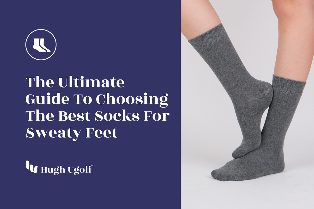 Close-up of legs wearing gray socks, representing the topic of choosing the best socks for sweaty feet.