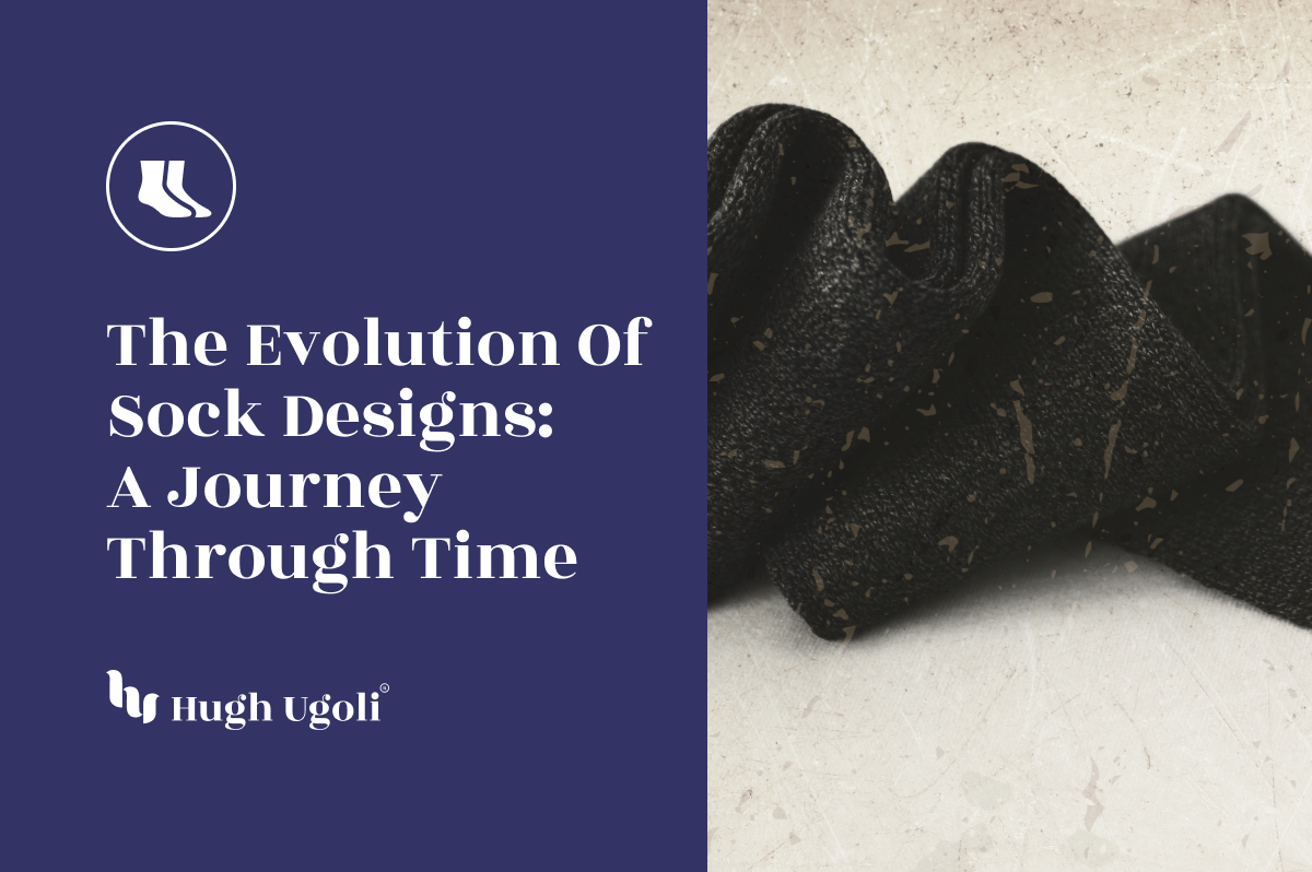 Close-up view of a pair of black flecked Hugh Ugoli socks, evoking the rich history and development in sock design.