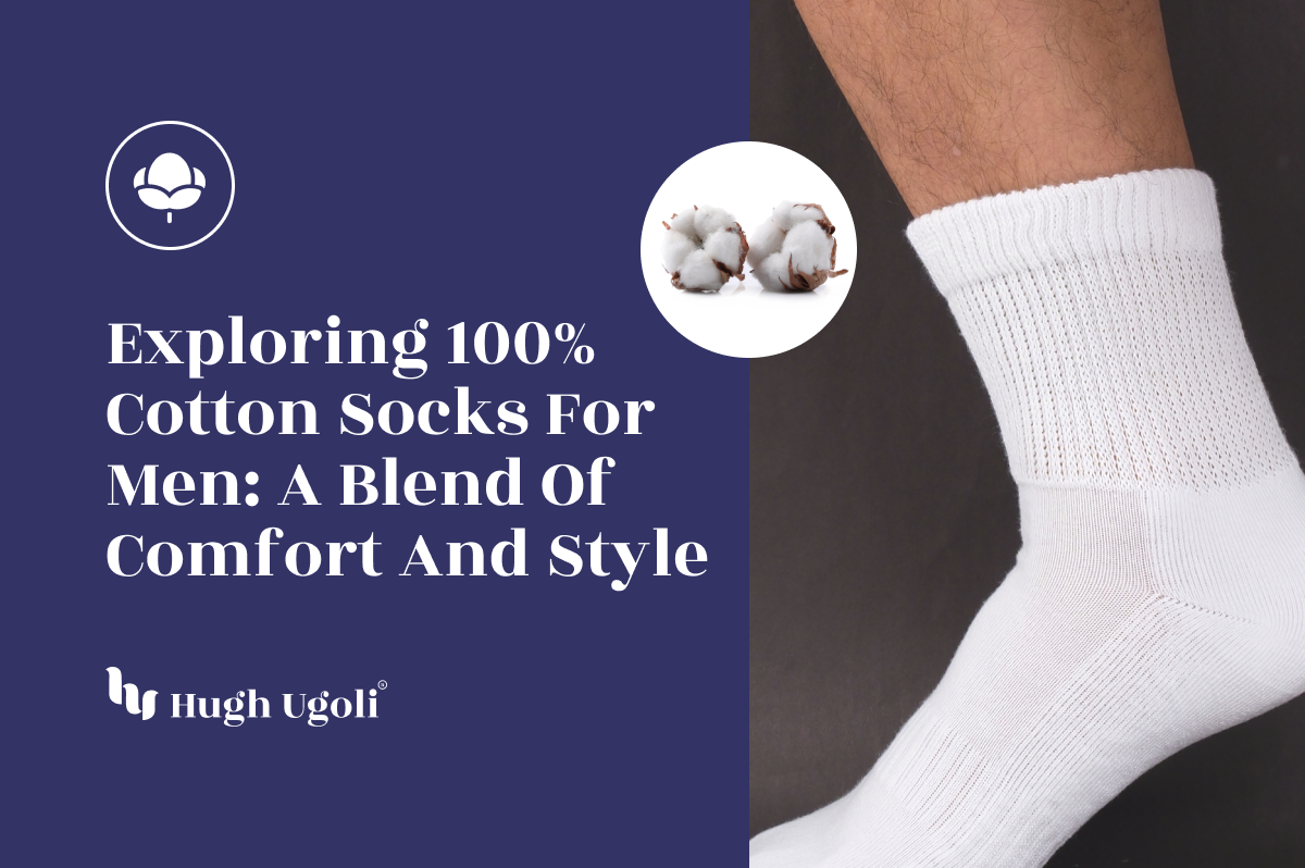 Close-up of a leg wearing a white Hugh Ugoli 100% cotton sock, emphasizing comfort and breathability.