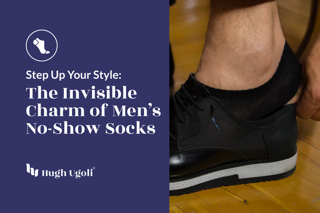 The image shows a close-up of a man's foot wearing a black no-show sock and black shoe, with text promoting the style benefits of men's no-show socks.