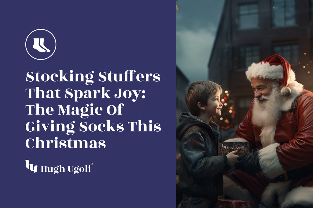 A heartwarming holiday scene featuring Santa Claus handing a festive gift box to a smiling child, symbolizing the joy of giving socks as Christmas stocking stuffers.
