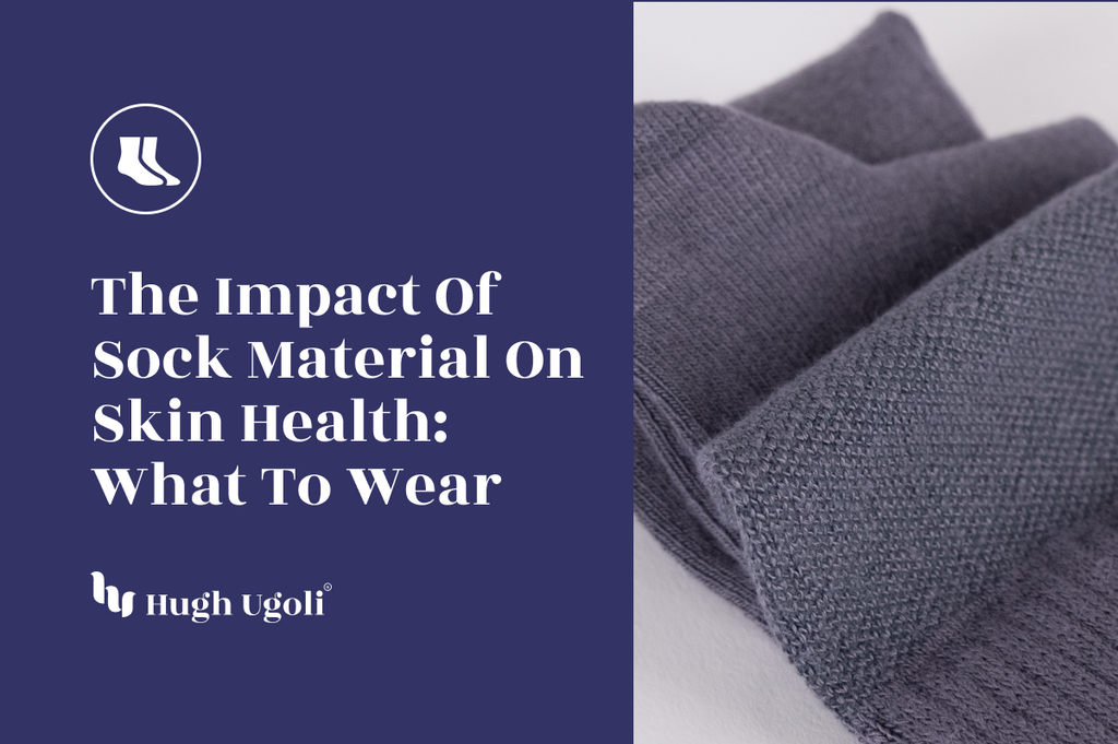 Close-up of folded gray socks with different textures, highlighting the variety of sock materials and their impact on skin health.