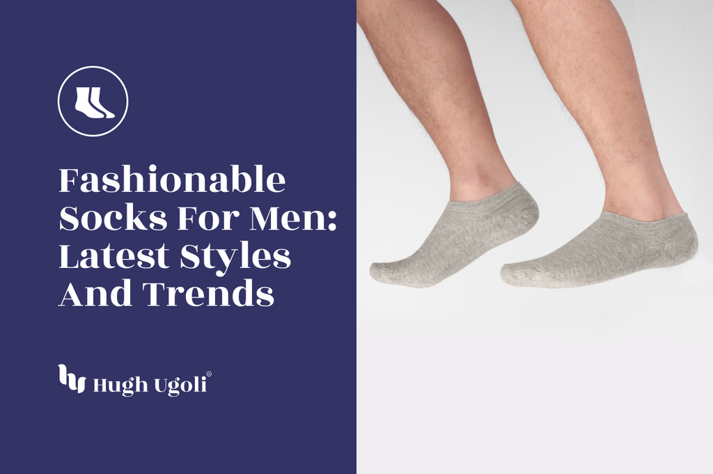 Men's legs wearing light gray no-show Hugh Ugoli socks, illustrating the latest styles and trends in men's fashionable socks.