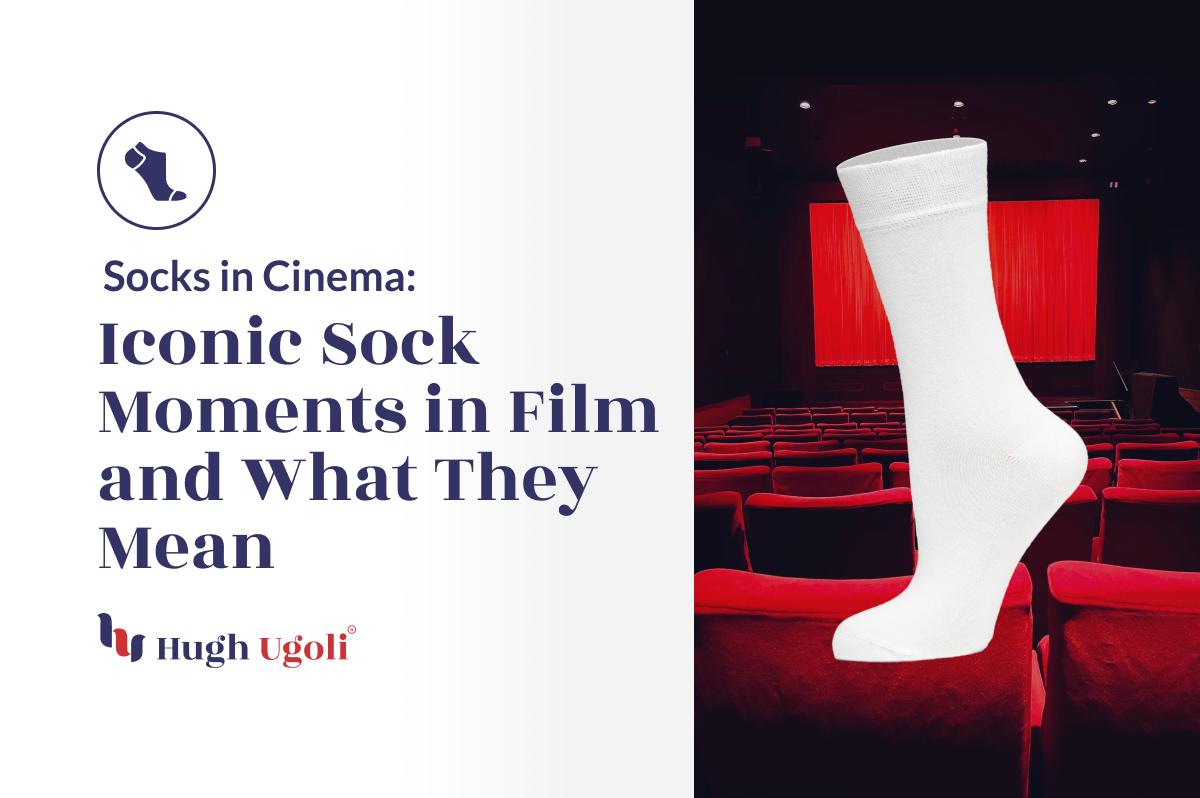 A Hugh Ugoli sock stands out in a cinema setting. Its presence poses a question amidst the vacant theater seats and glowing red curtain.