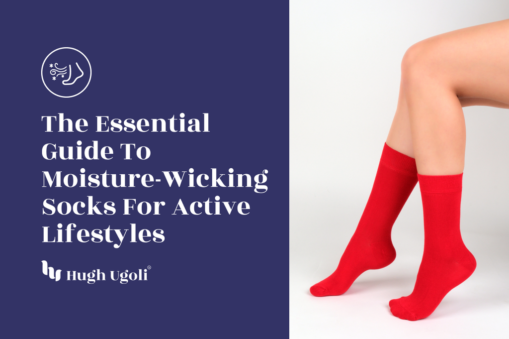 Close-up of legs wearing bright red Hugh Ugoli moisture-wicking socks, highlighting their suitability for active lifestyles.