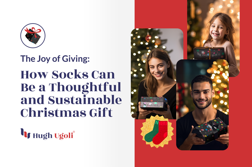 A festive Hugh Ugoli advertisement, highlighting the joy of gifting sustainable socks for Christmas. Features happy individuals presenting cozy sock gifts.