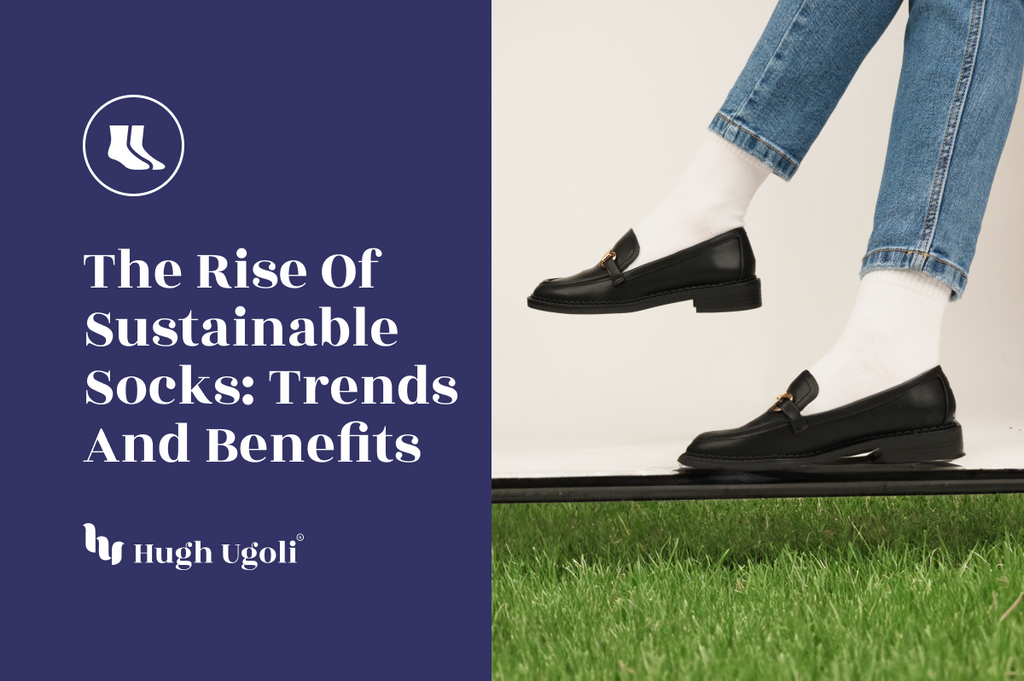 Person wearing white sustainable socks with black loafers, highlighting eco-friendly fashion trends.