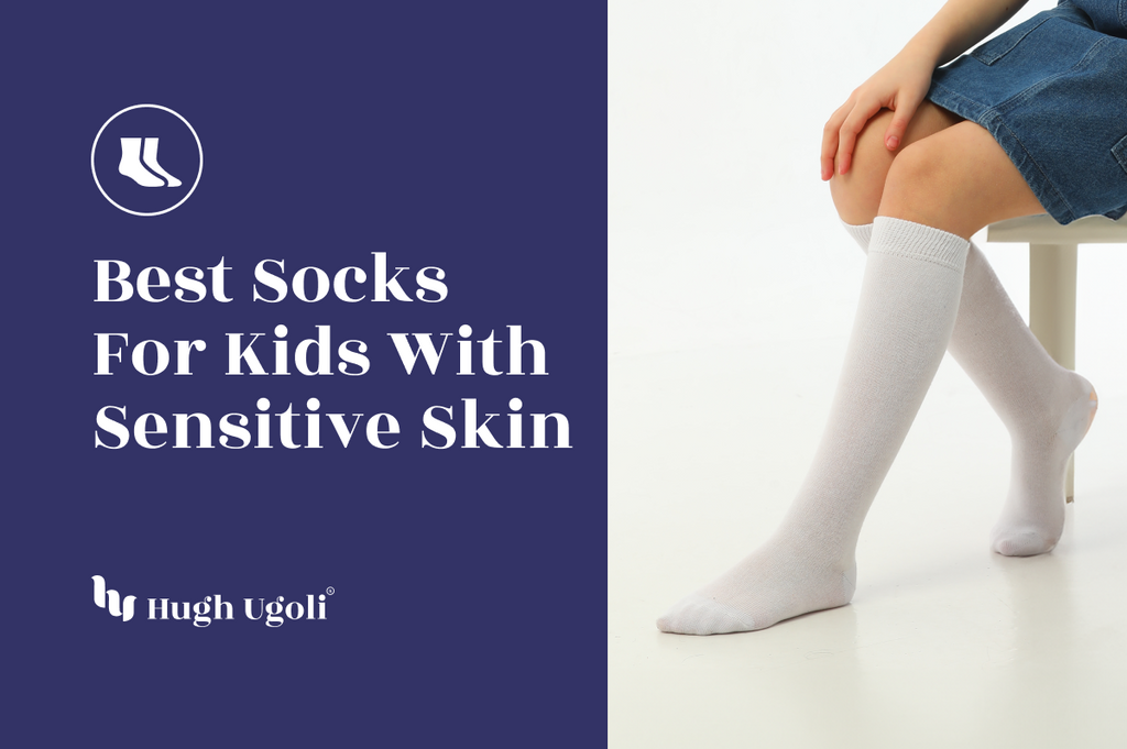 A child sitting comfortably wearing knee-high white socks, ideal for kids with sensitive skin, offering both comfort and protection.