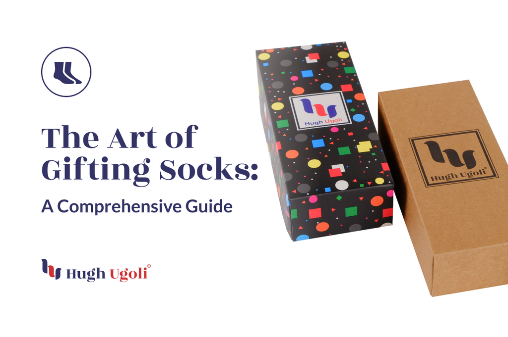 Promotional image for 'The Art of Gifting Socks: A Comprehensive Guide' by Hugh Ugoli, featuring a colorful sock box and a branded packaging box.