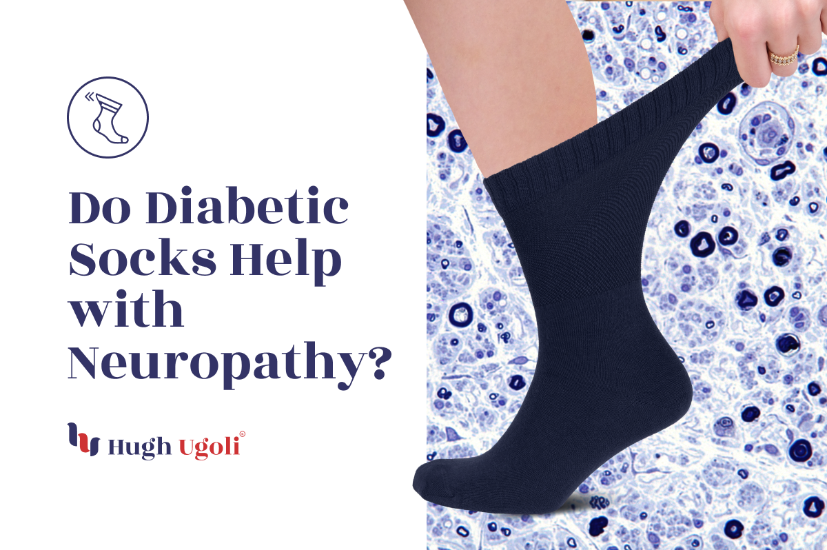 A person adjusts their dark diabetic sock, highlighting its role in neuropathy management.