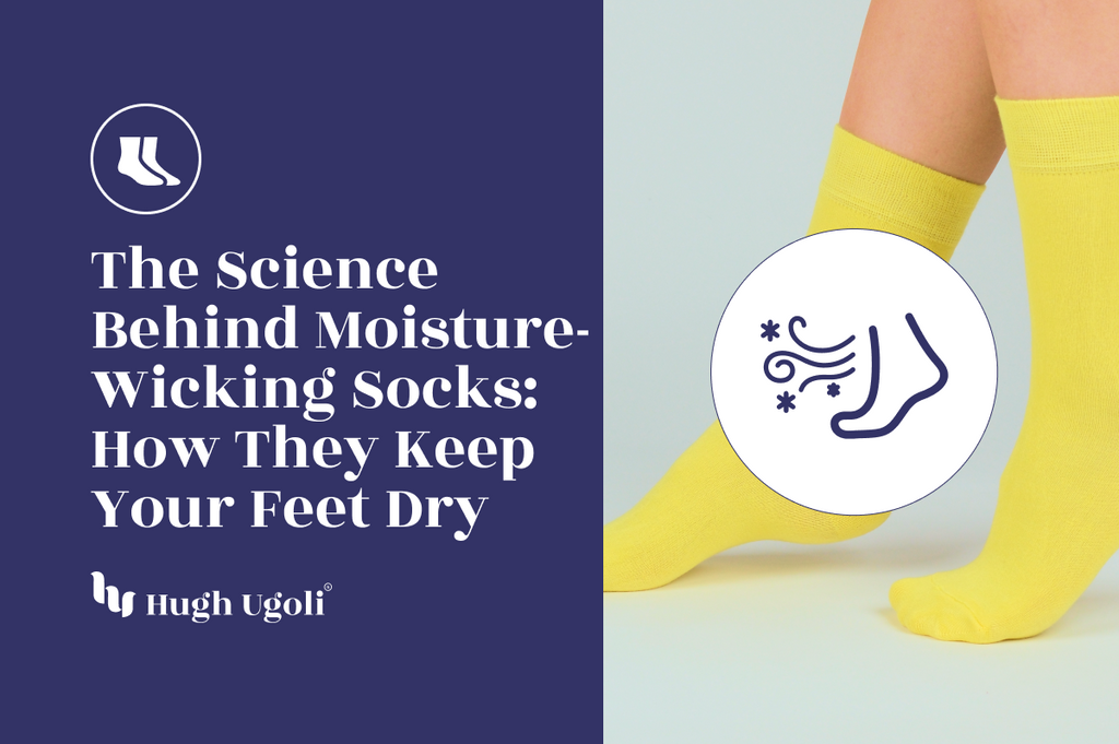 A vibrant promotional image featuring bright yellow socks on a person's feet, with a graphic icon representing moisture-wicking technology.