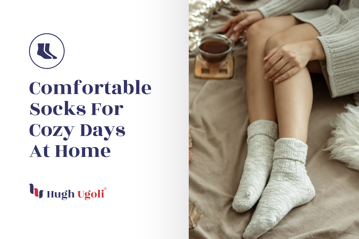 A cozy scene featuring a woman wearing soft, comfortable socks while sitting on a blanket with a warm drink, perfect for relaxing days at home with Hugh Ugoli.