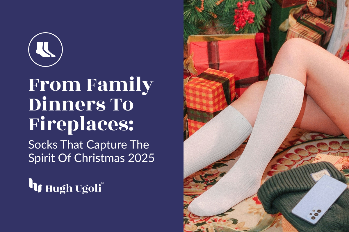 Cozy holiday ambiance featuring a person wearing white knee-high socks, sitting near a Christmas tree surrounded by wrapped presents and a knitted sweater.