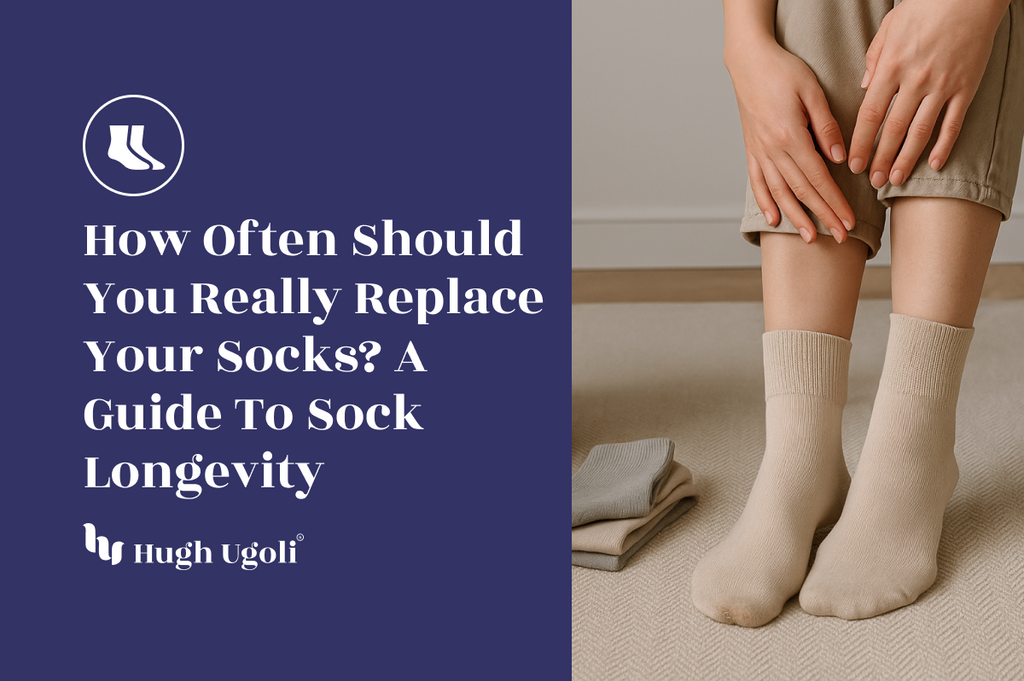 Person wearing beige socks with folded pairs nearby, illustrating sock care and replacement tips for long-lasting wear.