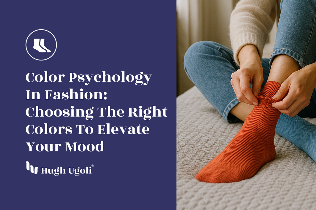 Person putting on a vibrant orange sock while sitting on a bed, illustrating the impact of color choices in fashion and mood elevation.