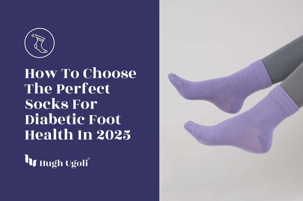 A cozy winter scene featuring a pair of lavender diabetic socks styled with gray leggings, emphasizing comfort and health-conscious footwear.