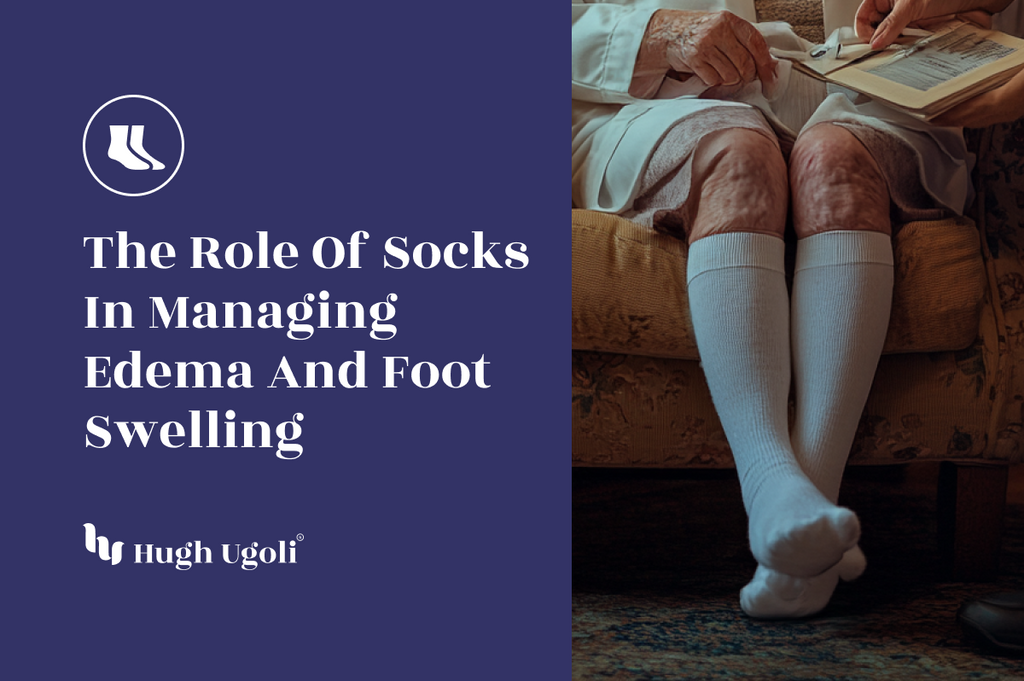 Senior individual wearing knee-high white compression socks, sitting comfortably with a book in hand.