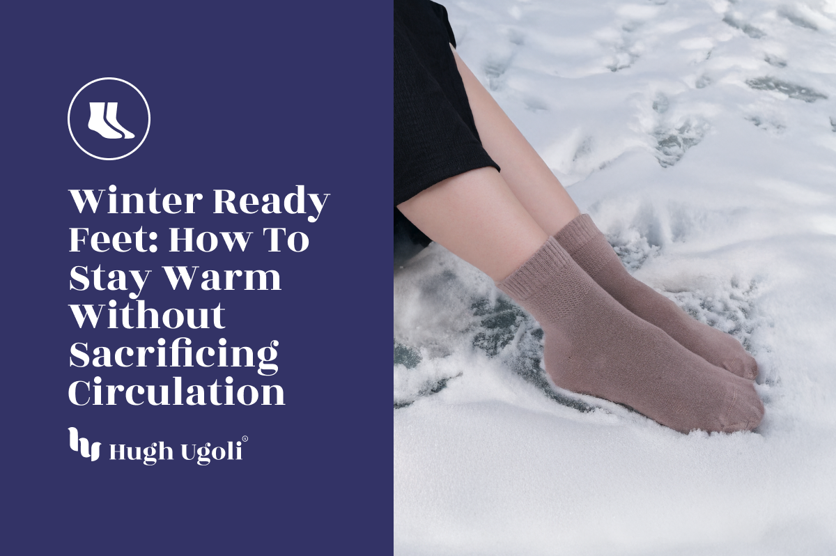 Person wearing warm brown socks sitting on snow, representing winter comfort and proper circulation for cold-weather foot care.
