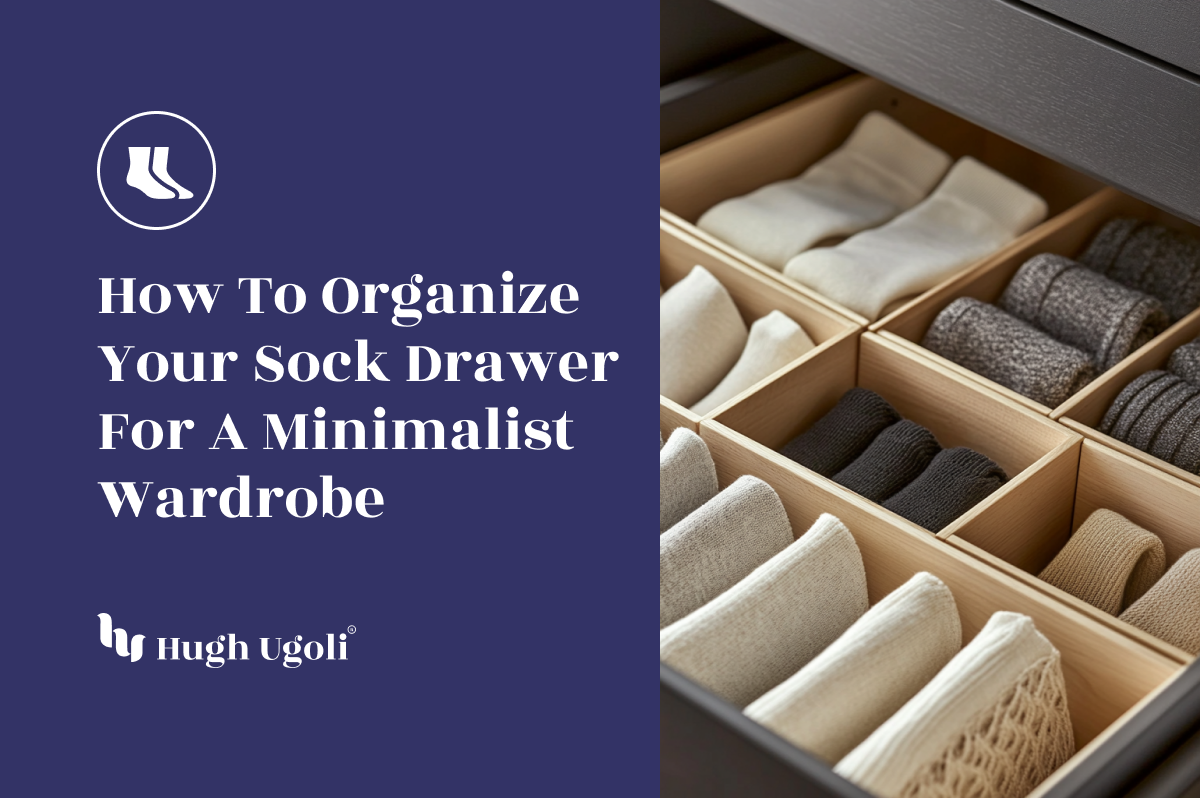Neatly organized sock drawer with neutral-toned socks folded in wooden dividers for a minimalist wardrobe