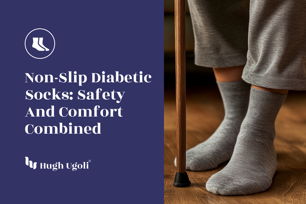 Senior wearing grey non-slip diabetic socks, standing with a cane on a wooden floor for stability and comfort.