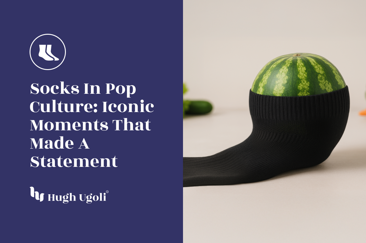 A watermelon humorously wrapped in a black sock, symbolizing quirky fashion and pop culture references