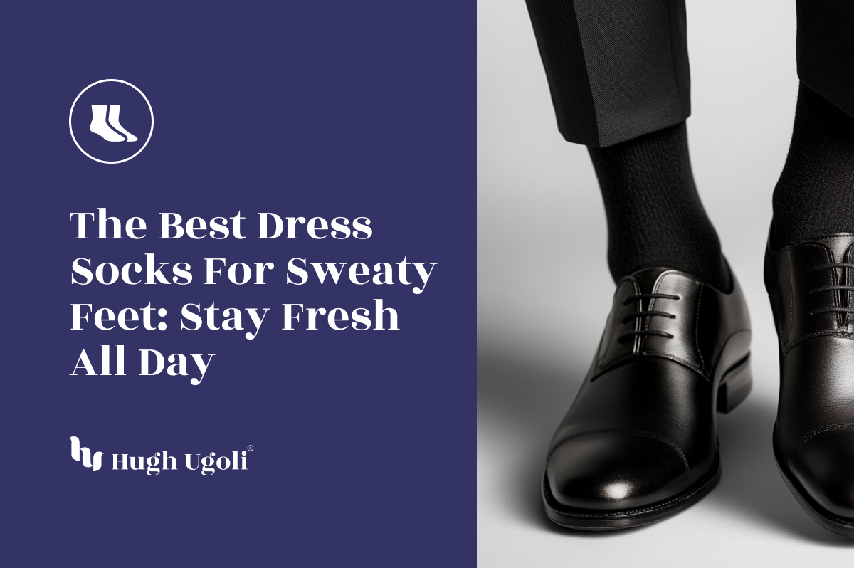 Close-up of polished black dress shoes paired with black dress socks, worn with tailored trousers, highlighting a professional and formal style.
